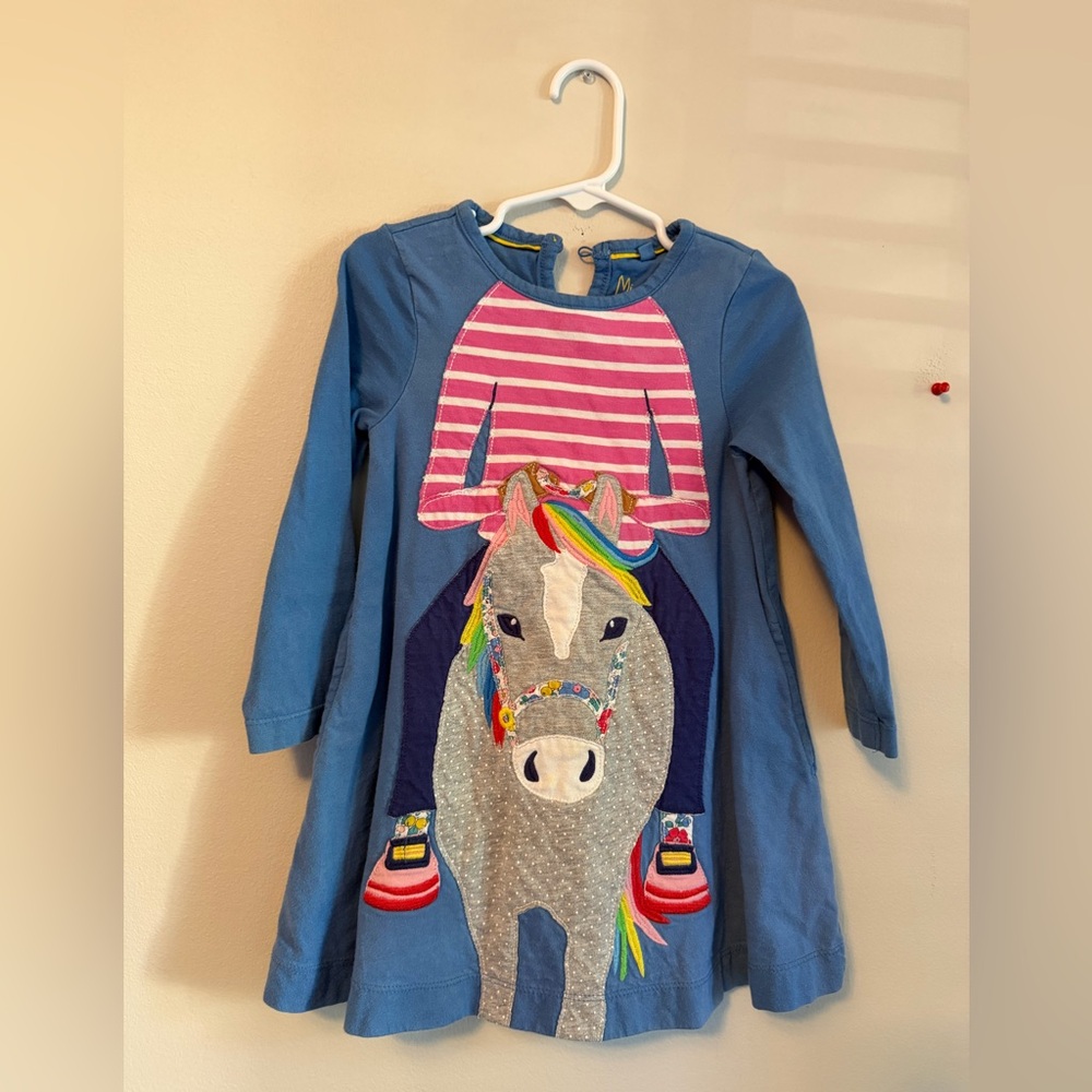 Mini Boden Blue Long-Sleeve Dress with Rainbow Horse Applique